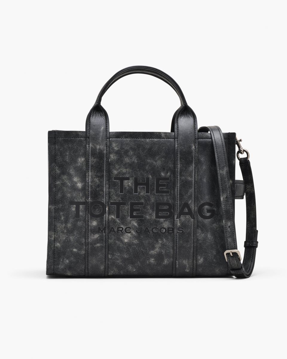 Black Marc Jacobs The Distressed Leather Medium Tote Bag | 021674-TZB