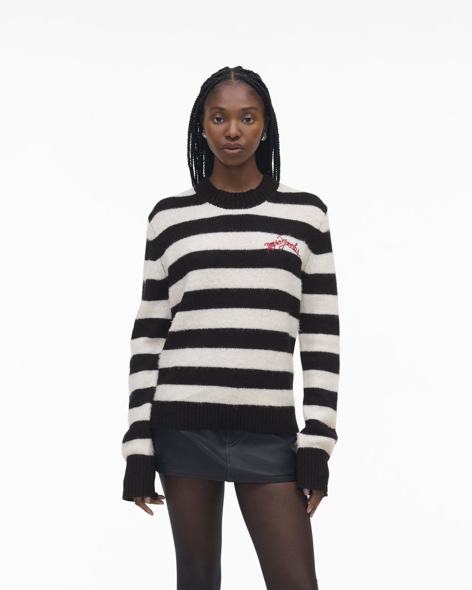 Black / White Marc Jacobs The Striped Brushed Logo Sweater | 173258-WRH