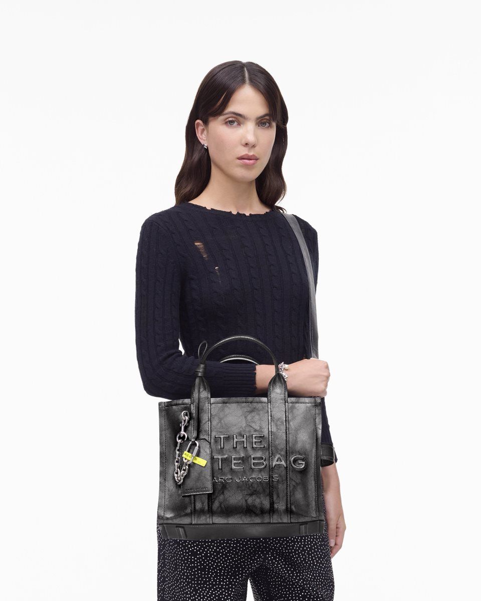 Dark Grey Marc Jacobs The Metallic Distressed Medium Tote Bag | 271645-NVX