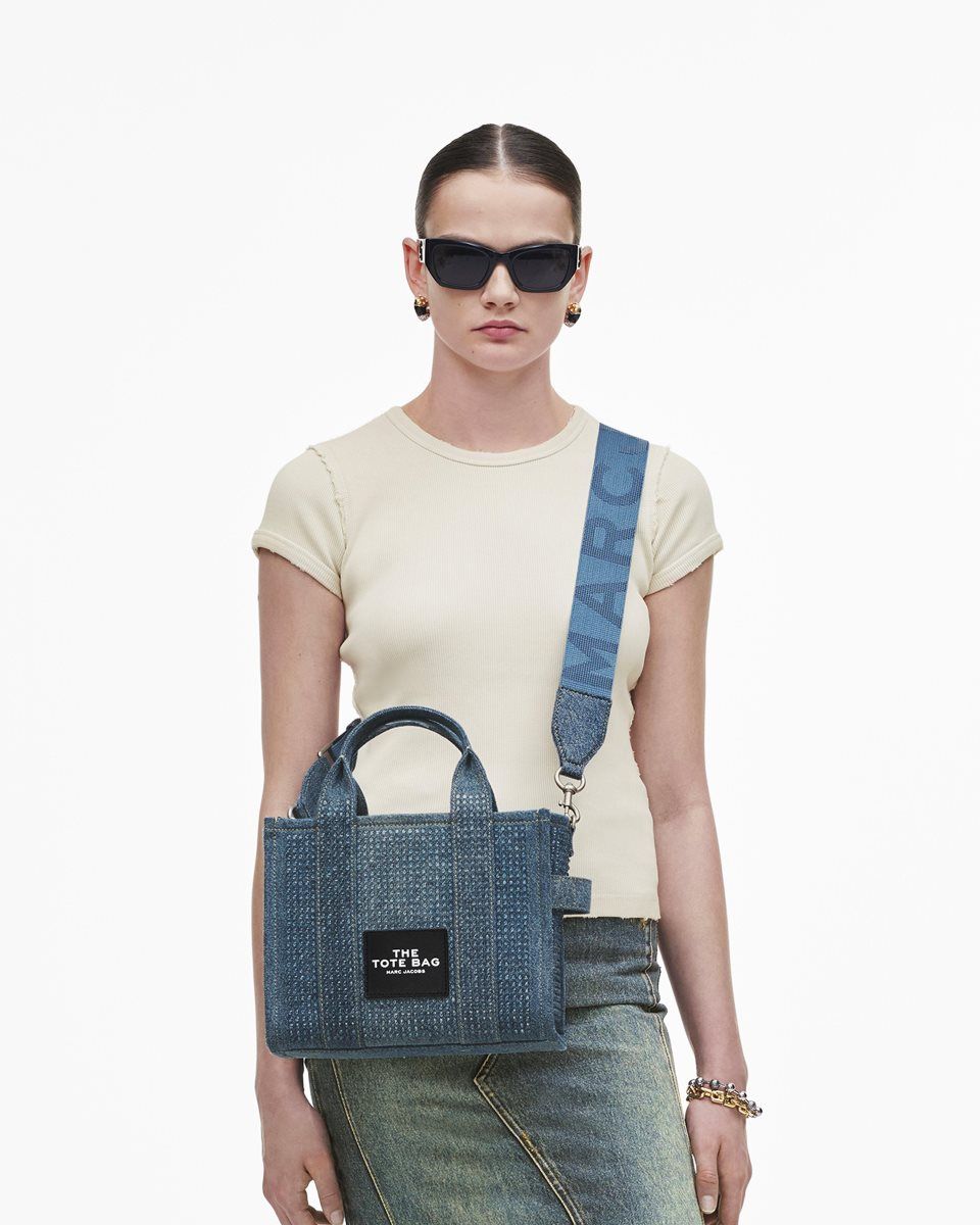 Light Blue Marc Jacobs The Crystal Denim Small Tote Bag | 043197-QWO