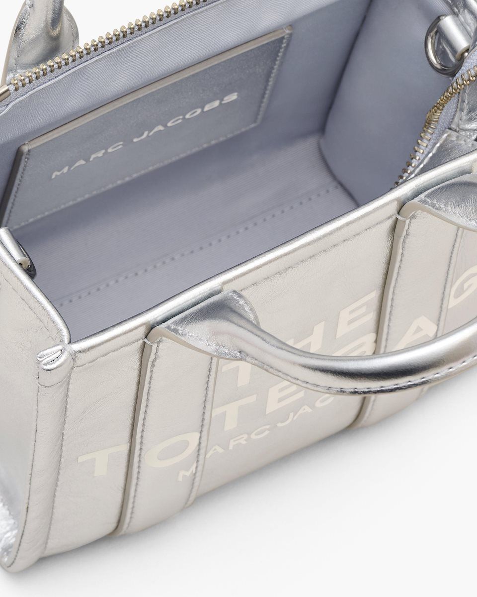 Metal Silver Marc Jacobs The Metallic Leather Crossbody Tote Bag | 389072-NHJ