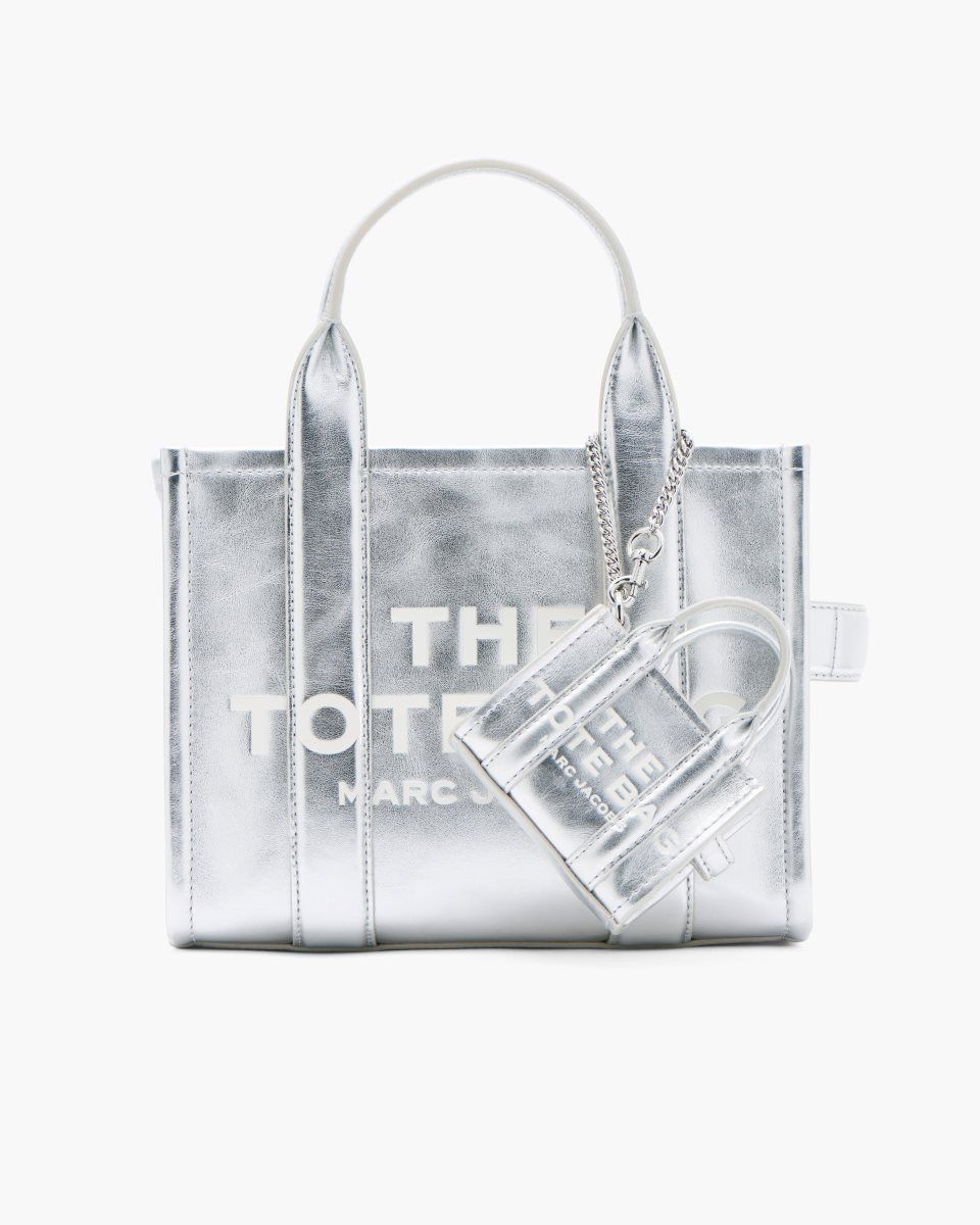 Silver Marc Jacobs The Metallic Leather Nano Tote Charm | 654093-YXQ