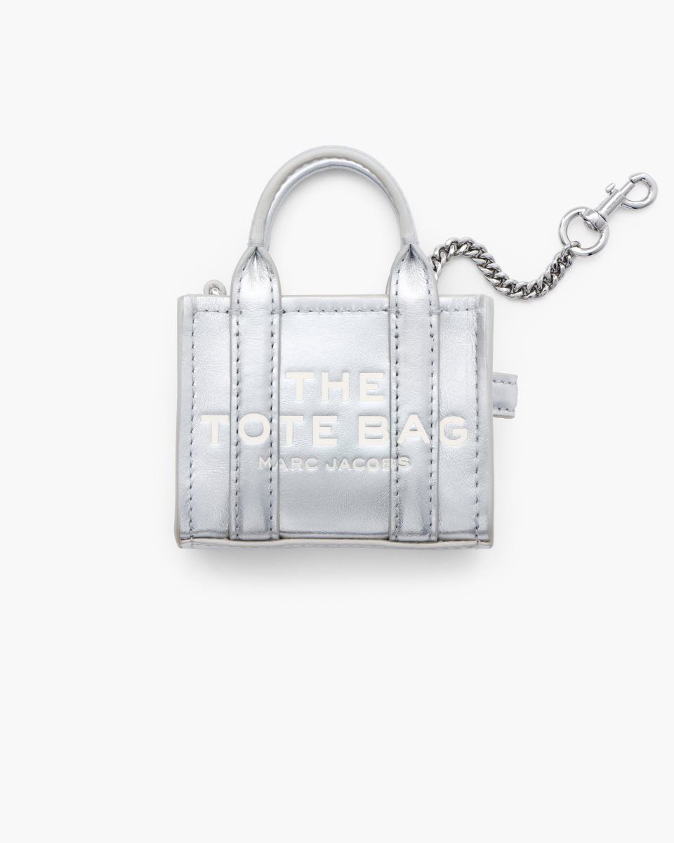 Silver Marc Jacobs The Metallic Leather Nano Tote Charm | 654093-YXQ